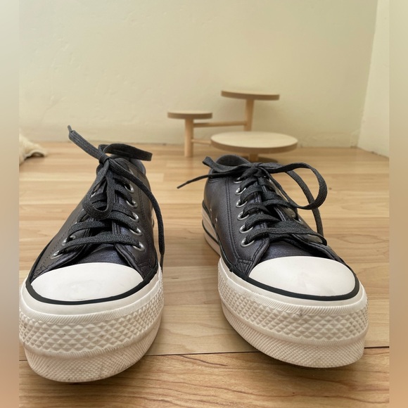 Converse platform All Star leather sneakers gunmetal gray w/ gray shimmer laces - Picture 6 of 11